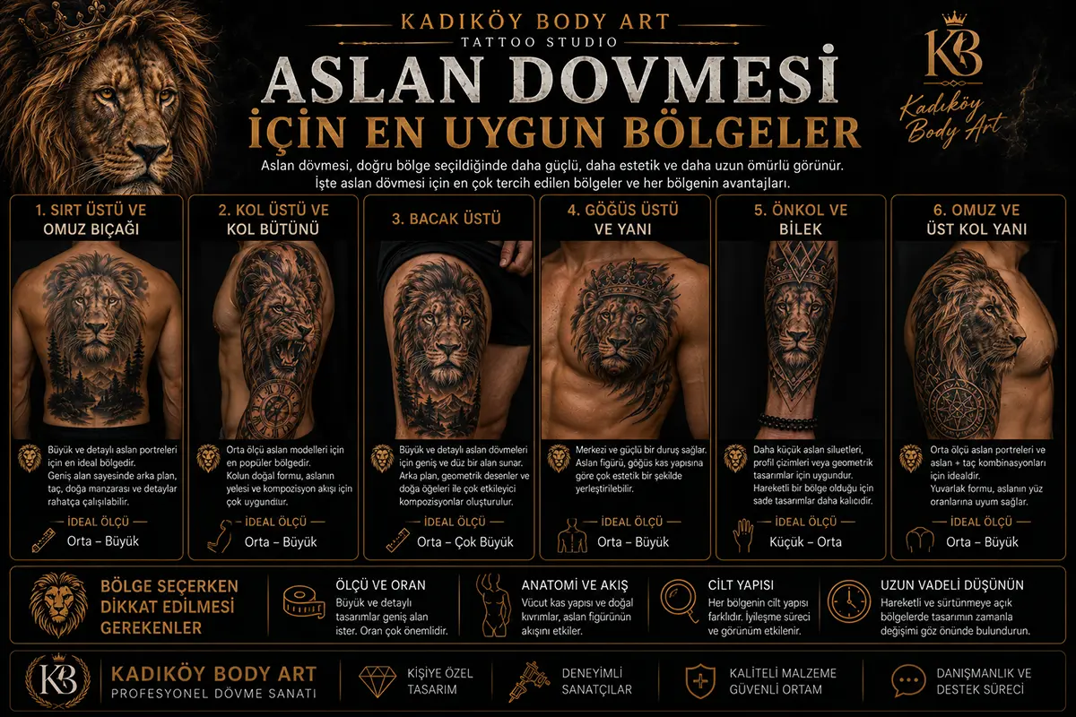 Sırt üstü, omuz bıçağı, kol üstü, bacak üstü, göğüs ve önkol için aslan dövmesi yerleşim önerilerini gösteren görsel