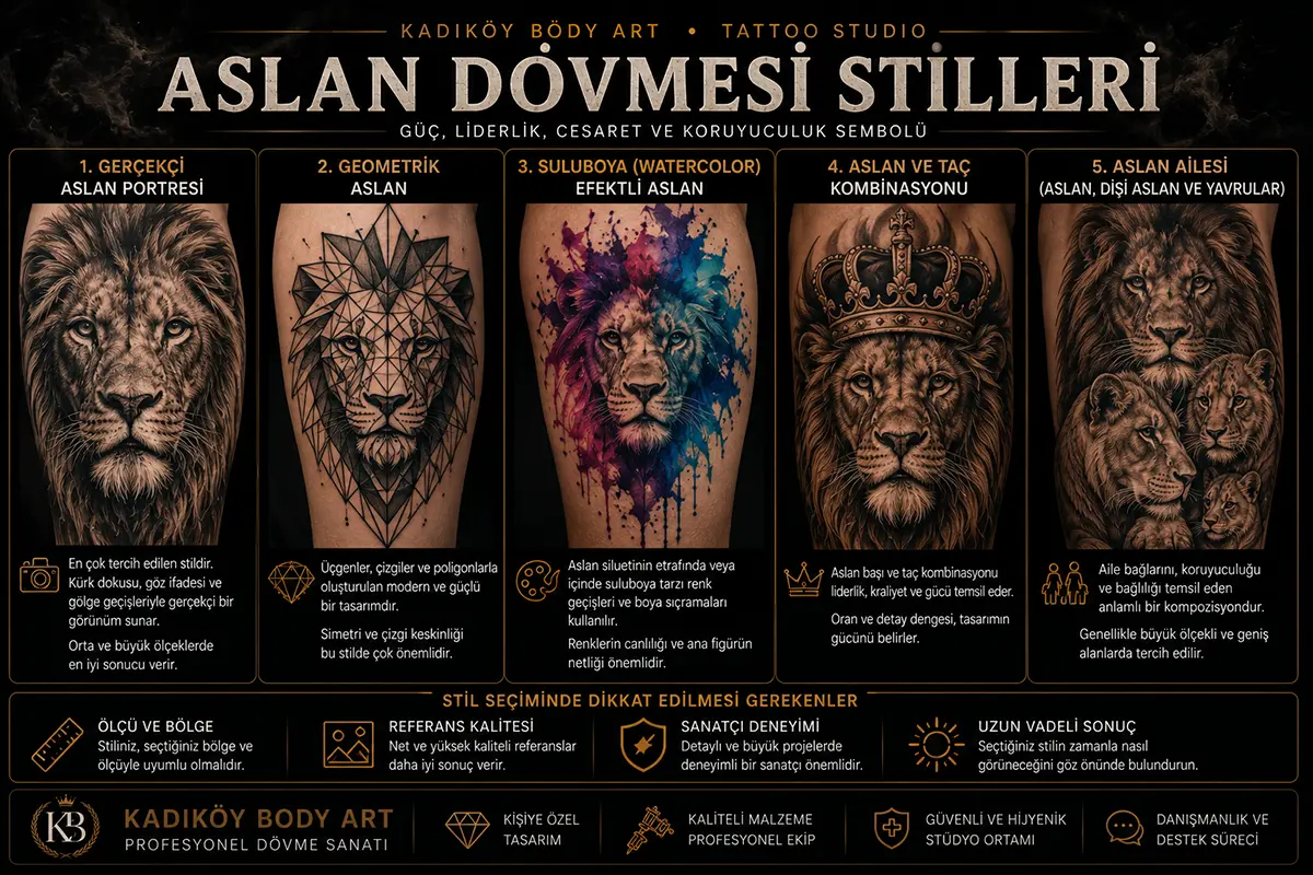 Gerçekçi aslan portresi, geometrik aslan, suluboya efektli aslan, aslan ve taç ile aslan ailesi dövme stillerini gösteren bilgilendirici görsel
