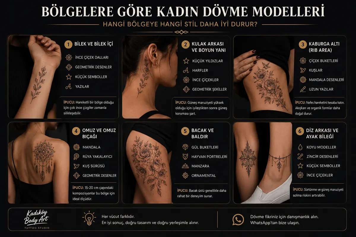 Bilek, kulak arkası, kaburga altı, omuz, bacak ve ayak bileği için kadın dövme modeli önerilerini gösteren görsel