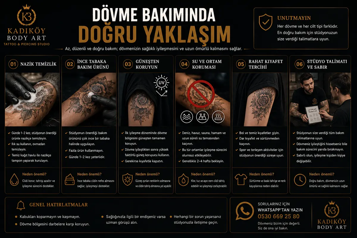 Dövme bakımında nazik temizlik, ince bakım ürünü tabakası, güneşten koruma, rahat kıyafet ve stüdyo talimatlarına uyumu gösteren rehber görsel