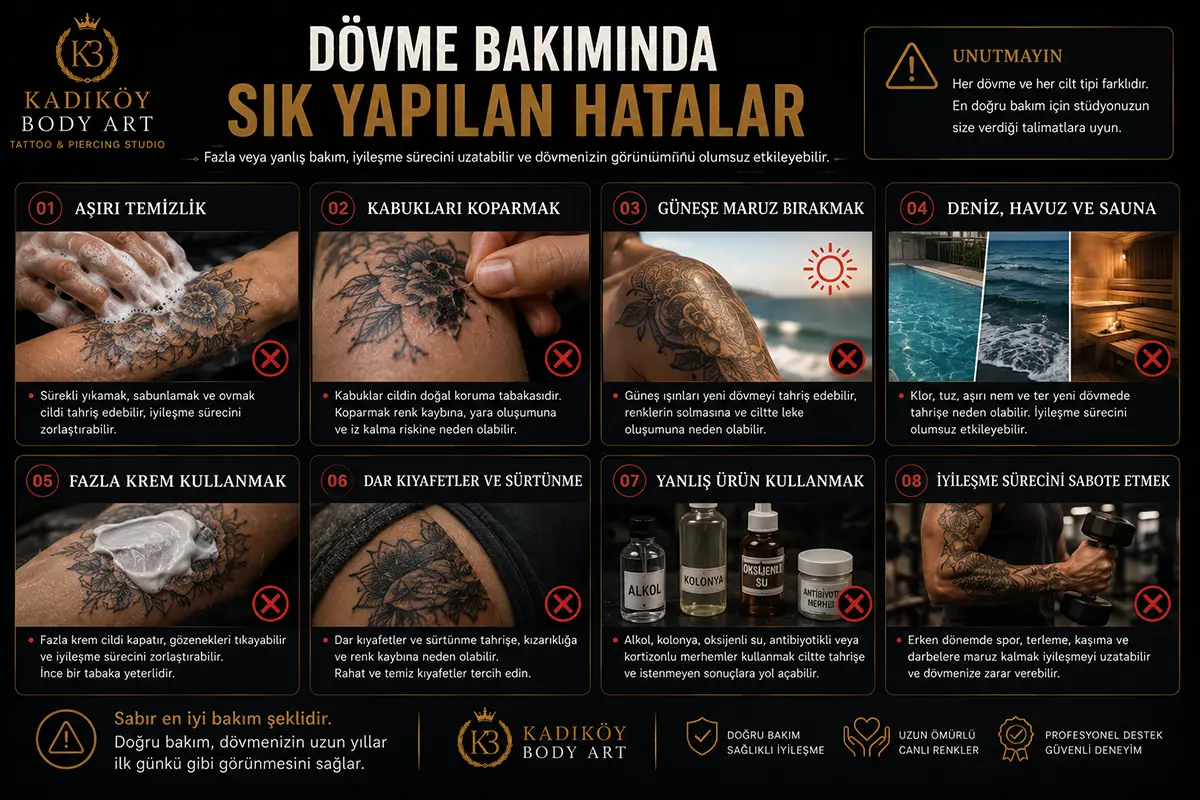 Dövme bakımında aşırı temizlik, kabuk koparma, güneşe maruz bırakma, deniz havuz sauna, fazla krem ve yanlış ürün kullanımı gibi hataları gösteren bilgilendirici görsel