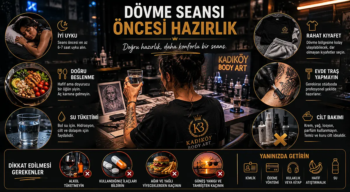Dövme seansı öncesi uyku, beslenme, su tüketimi, rahat kıyafet, alkol kullanmama ve bölge hazırlığını gösteren bilgilendirici görsel