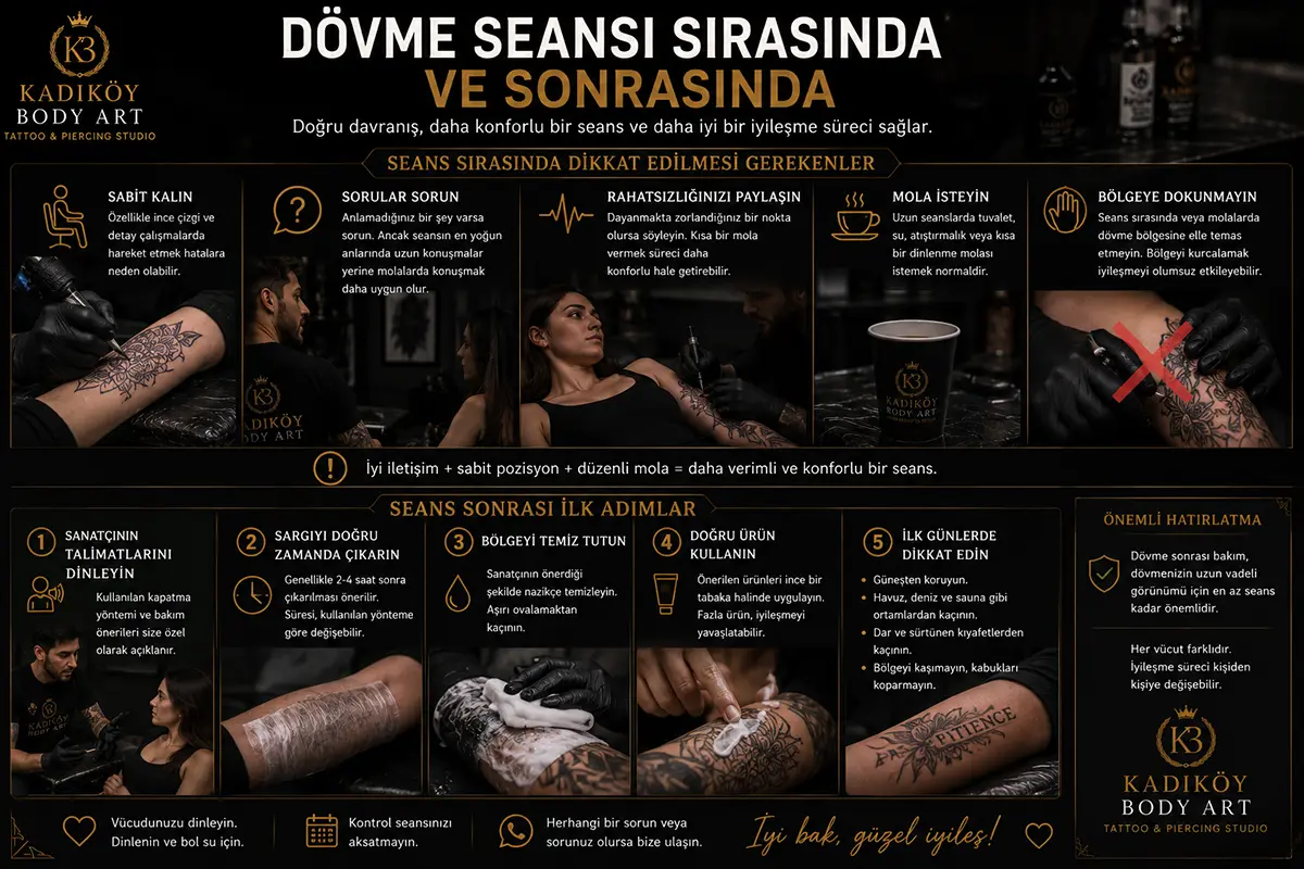 Dövme seansı sırasında sabit kalma, mola verme, bölgeye dokunmama ve seans sonrası bakım talimatlarını gösteren dark premium rehber görseli