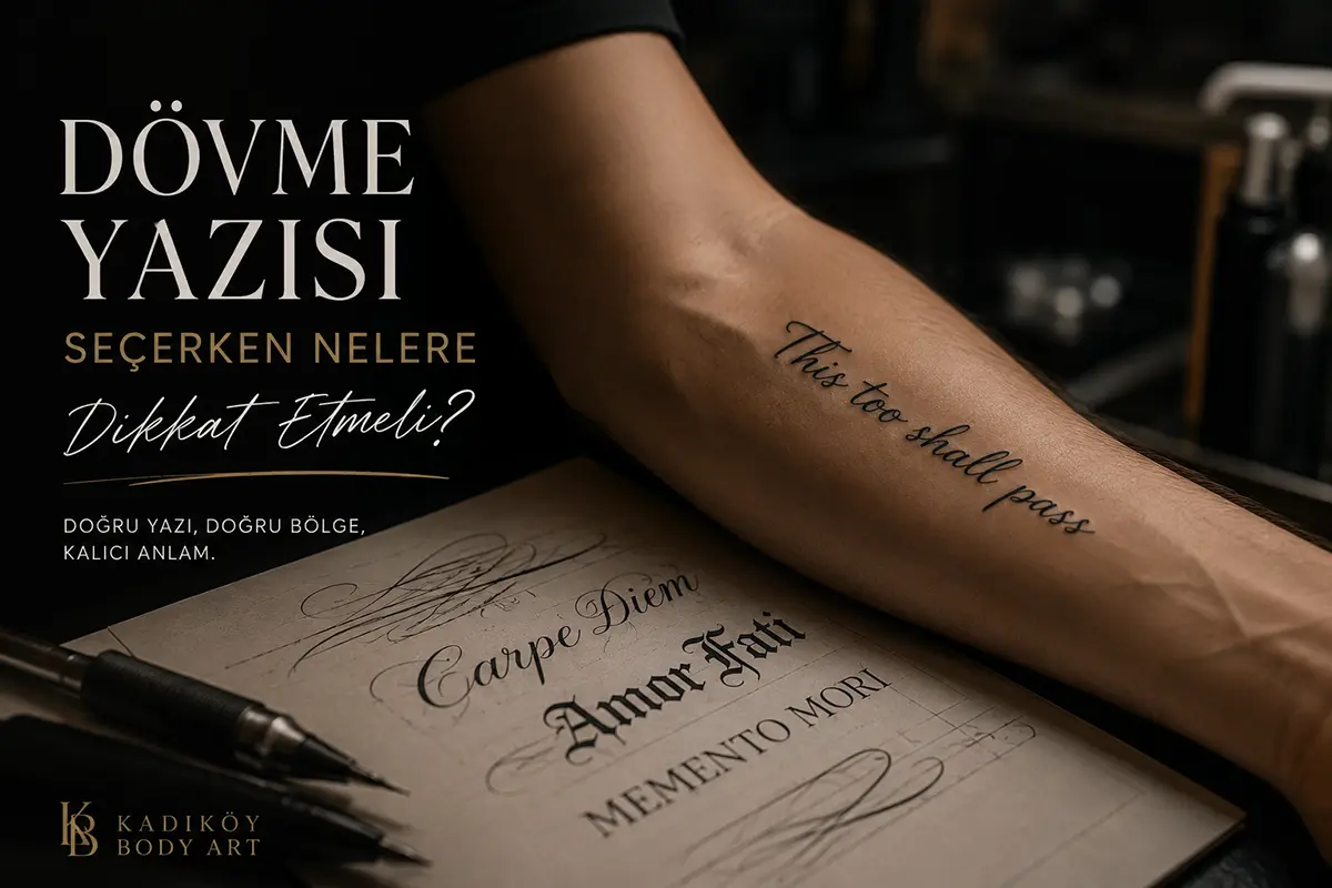 Dövme yazısı seçimi için font, anlam ve yerleşim detaylarını gösteren Kadıköy Body Art blog kapak görseli