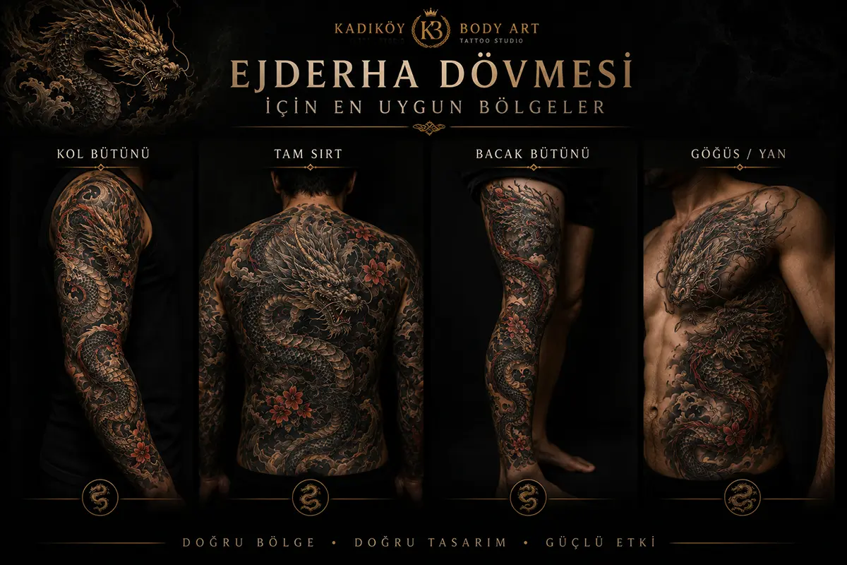 Kol bütünü, tam sırt, bacak bütünü ve göğüs yan bölgesi için ejderha dövmesi yerleşim önerilerini gösteren dark editorial görsel