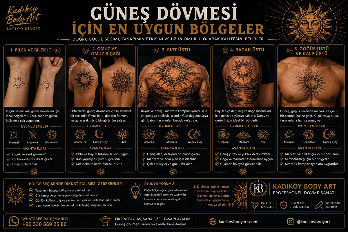 Bilek, omuz, sırt, bacak üstü ve göğüs için güneş dövmesi yerleşim önerilerini gösteren görsel