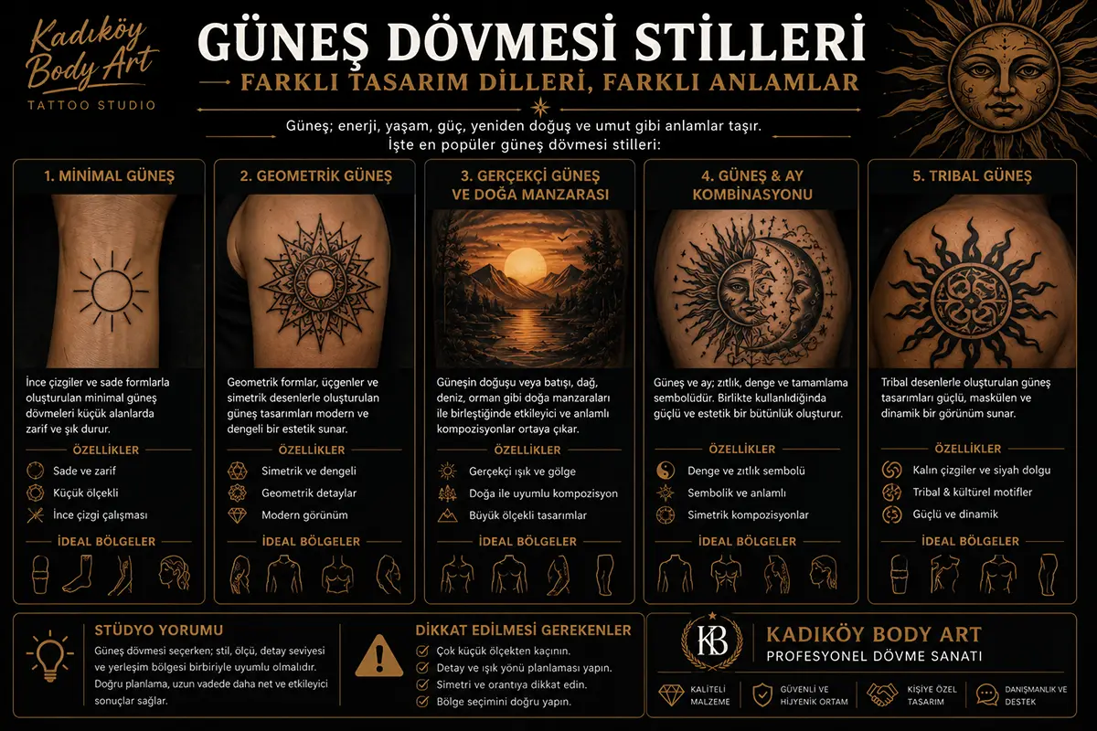 Minimal, geometrik, gerçekçi, güneş ay kombinasyonu ve tribal güneş dövmesi stillerini gösteren bilgilendirici görsel