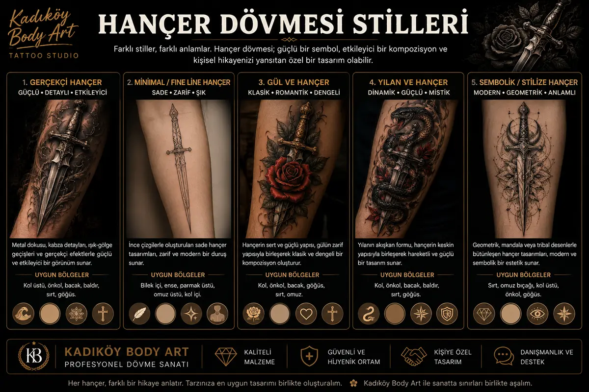 Gerçekçi, minimal, gül ve hançer, yılan ve hançer ile stilize hançer dövmesi stillerini gösteren bilgilendirici görsel