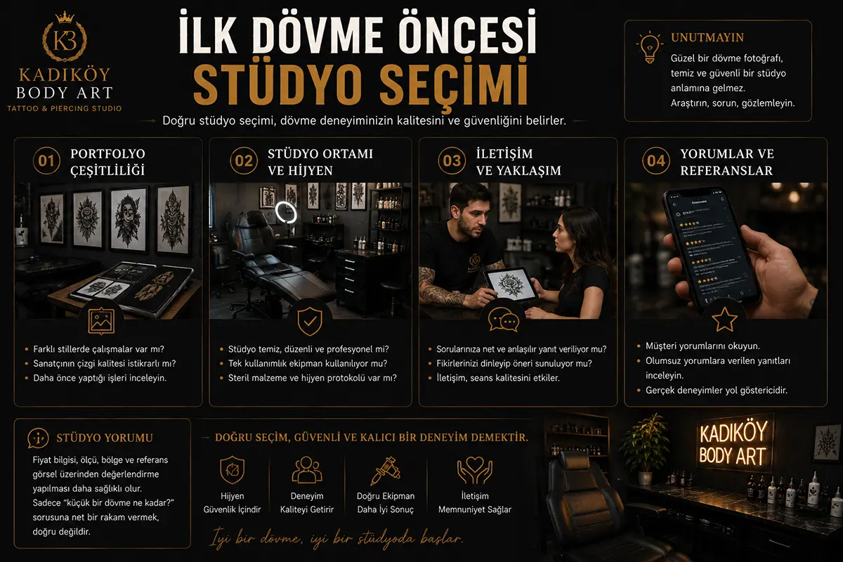 İlk dövme öncesi portfolyo, hijyen, iletişim ve müşteri yorumları açısından stüdyo seçimini anlatan bilgilendirici görsel