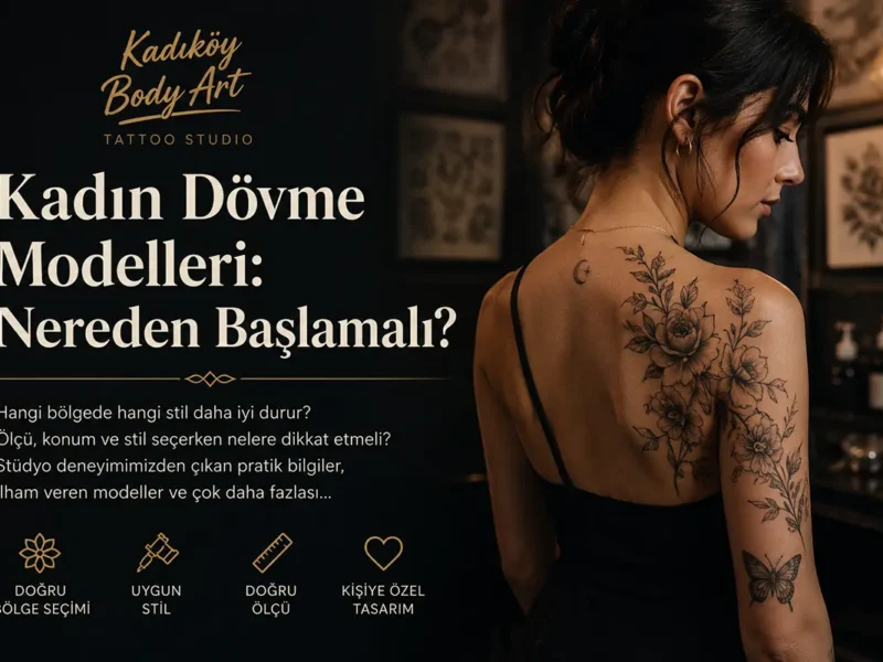 Minimal, fine line, botanik, mandala, sembol ve ornamental kadın dövme stillerini gösteren bilgilendirici görsel