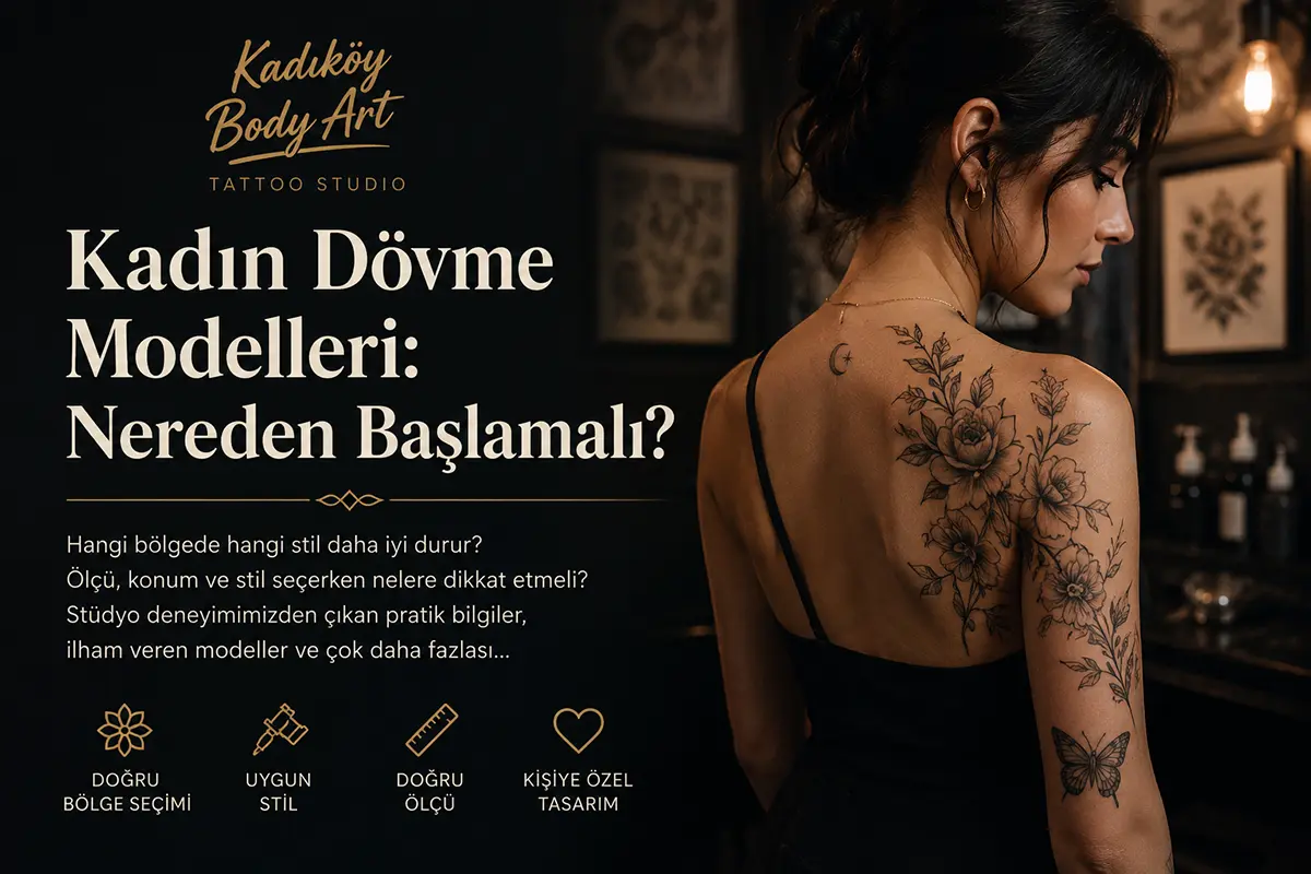 Minimal, fine line, botanik, mandala, sembol ve ornamental kadın dövme stillerini gösteren bilgilendirici görsel