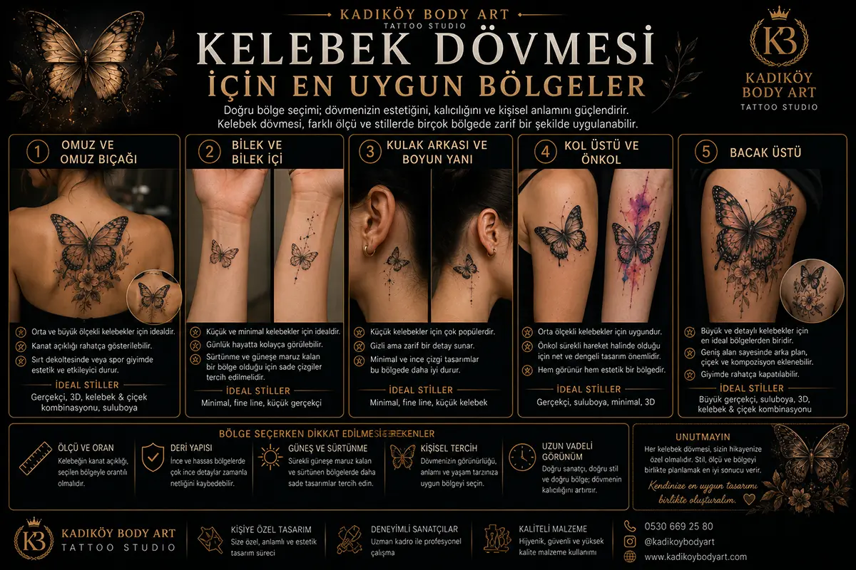 Omuz, omuz bıçağı, bilek, kulak arkası, boyun yanı, kol üstü, önkol ve bacak üstü için kelebek dövmesi yerleşim önerilerini gösteren görsel