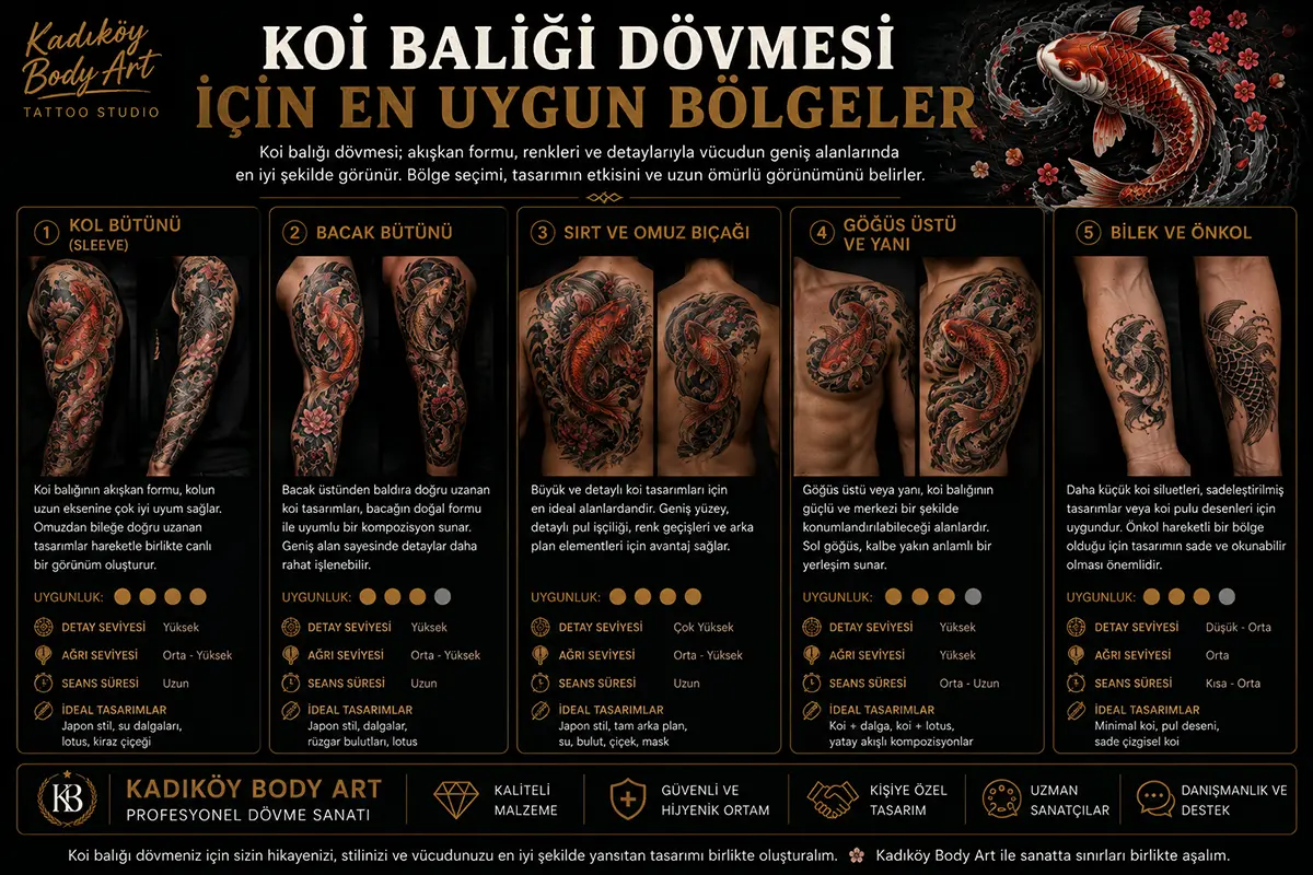 Kol bütünü, bacak bütünü, sırt, omuz bıçağı, göğüs ve önkol için koi balığı dövmesi yerleşim önerilerini gösteren görsel