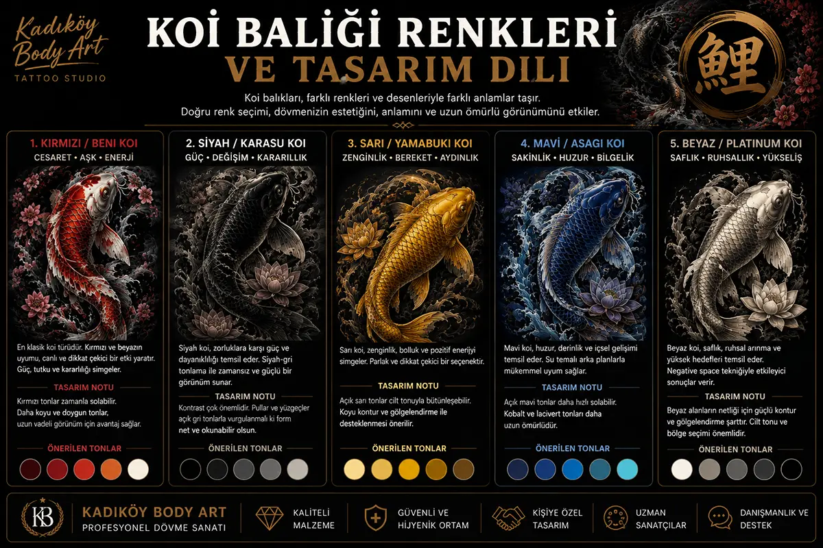 Kırmızı, siyah, sarı, mavi ve beyaz koi balığı dövmesi renk seçeneklerini gösteren bilgilendirici görsel