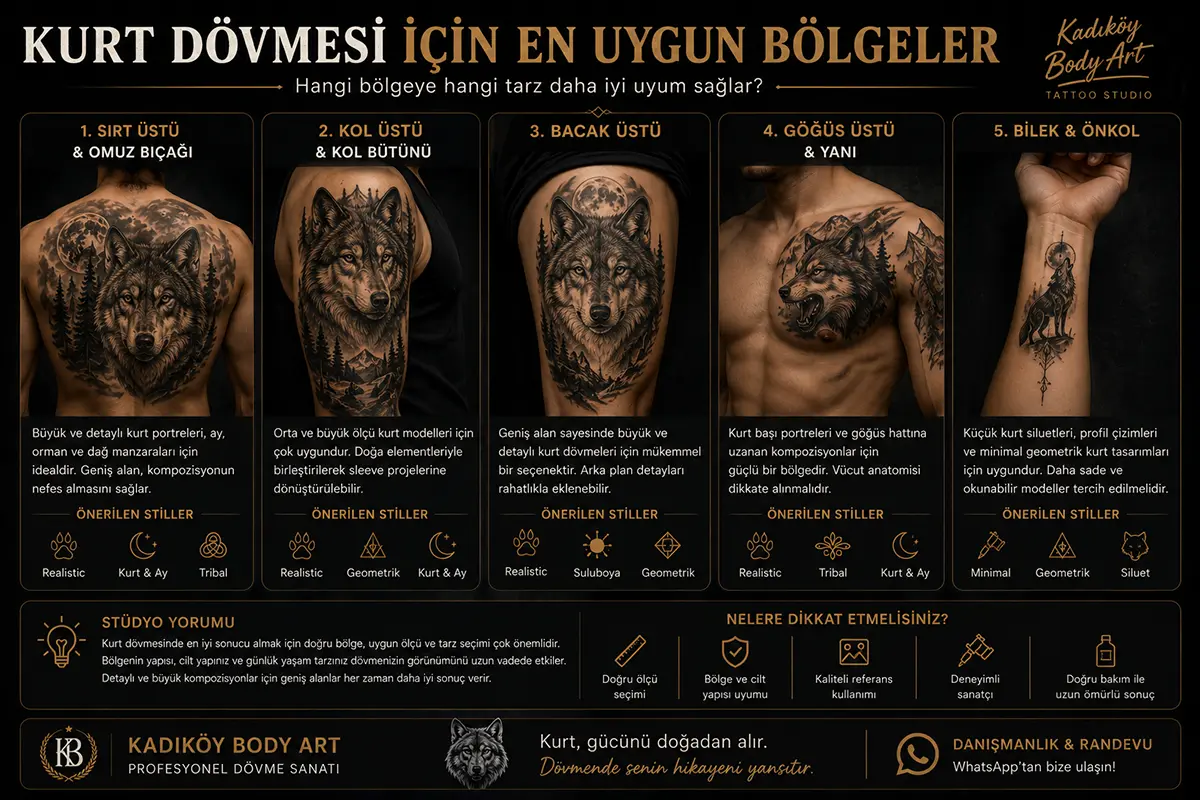 Sırt, kol üstü, bacak üstü, göğüs ve önkol için kurt dövmesi yerleşim önerilerini gösteren görsel