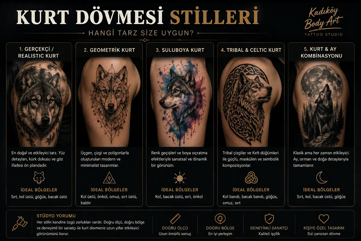 Realistic, geometrik, suluboya, tribal ve kurt ay kombinasyonu gibi kurt dövmesi stillerini gösteren bilgilendirici görsel
