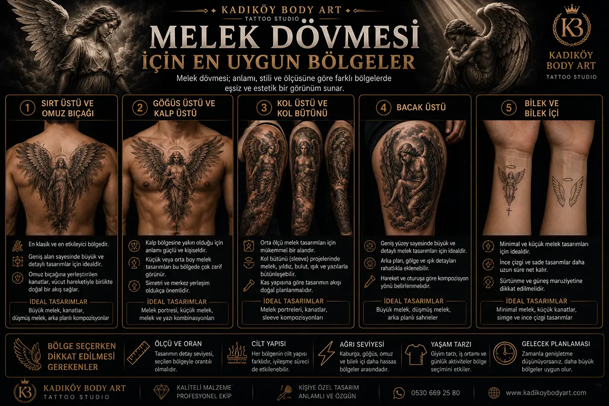Sırt üstü, omuz bıçağı, göğüs üstü, kol üstü, bacak üstü ve bilek için melek dövmesi yerleşim önerilerini gösteren görsel