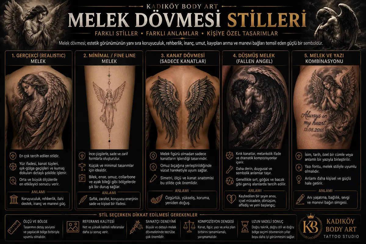 Gerçekçi melek, minimal fine line melek, kanat dövmesi, düşmüş melek ve melek yazı kombinasyonu gibi melek dövmesi stillerini gösteren bilgilendirici görsel