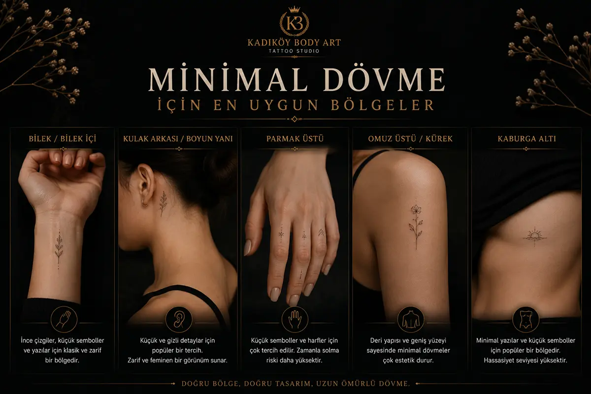 Bilek, kulak arkası, boyun yanı, parmak üstü, omuz üstü ve kaburga altı için minimal dövme yerleşim önerilerini gösteren dark editorial görsel