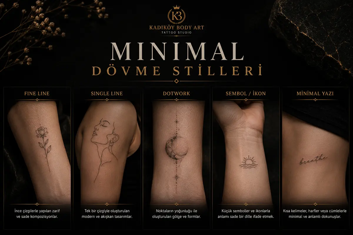 Fine line, single line, dotwork, sembol ikon ve minimal yazı dövme stillerini gösteren dark editorial görsel