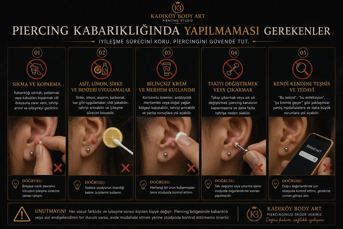 Piercing kabarıklığında sıkma, koparma, asit limon sirke kullanımı, bilinçsiz krem uygulama, takıyı çıkarma ve kendi kendine teşhis koyma gibi yapılmaması gerekenleri gösteren görsel