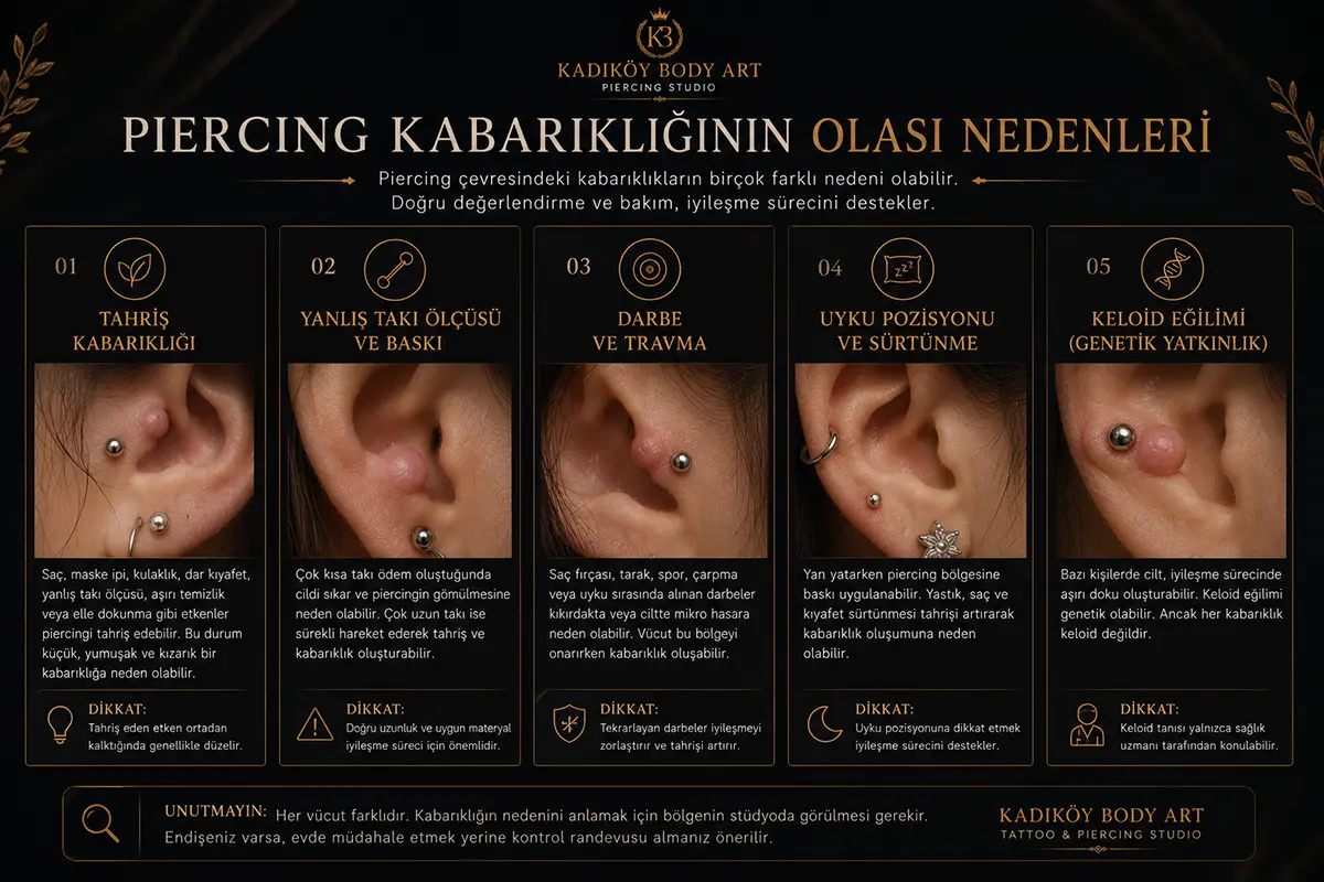 Tahriş, yanlış takı ölçüsü, baskı, sürtünme, darbe, uyku pozisyonu ve keloid eğilimi gibi piercing kabarıklığı nedenlerini gösteren bilgilendirici görsel