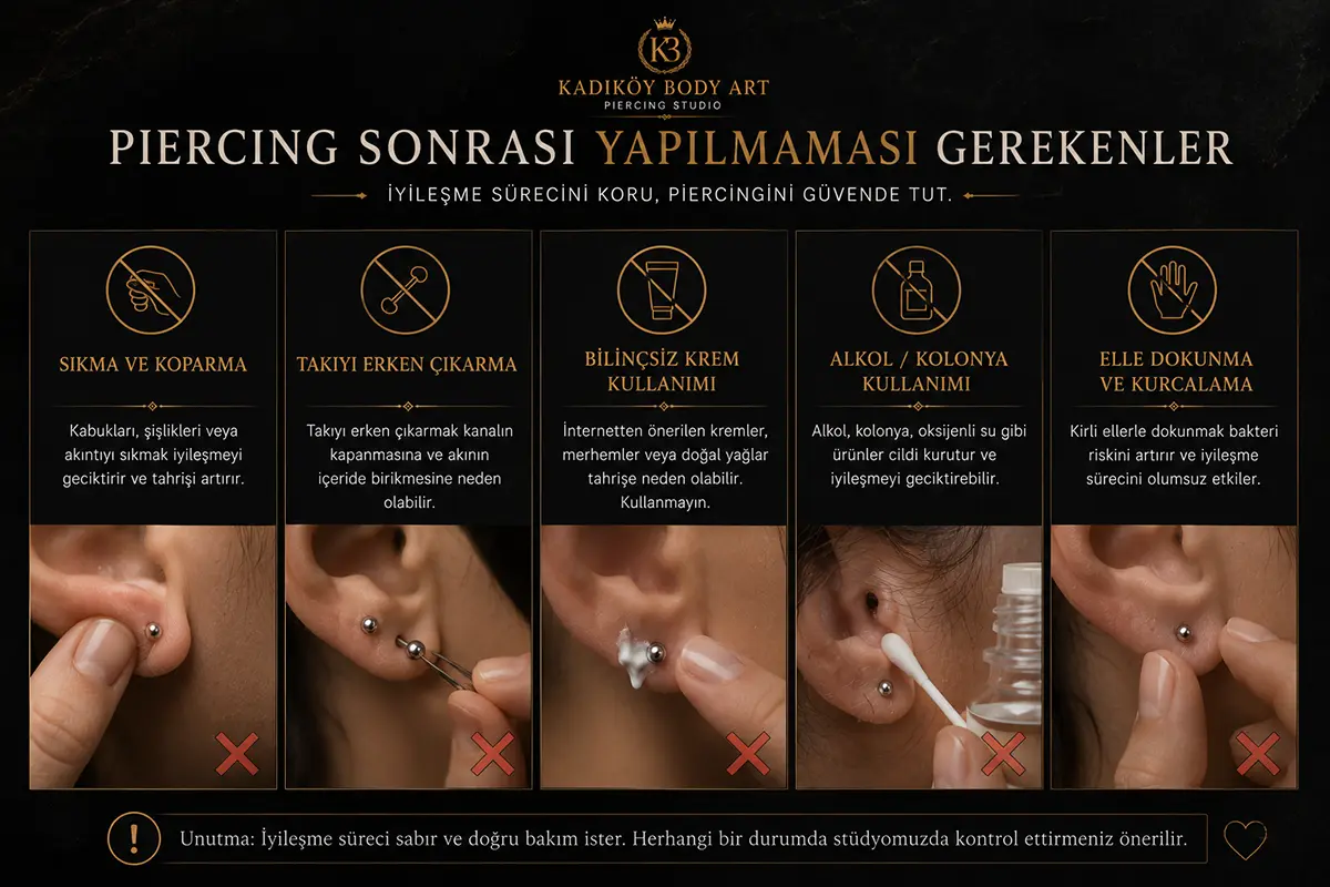 Piercing sonrası sıkma, takıyı erken çıkarma, bilinçsiz krem kullanımı, alkol kolonya uygulama ve elle dokunma gibi yapılmaması gerekenleri gösteren bilgilendirici görsel