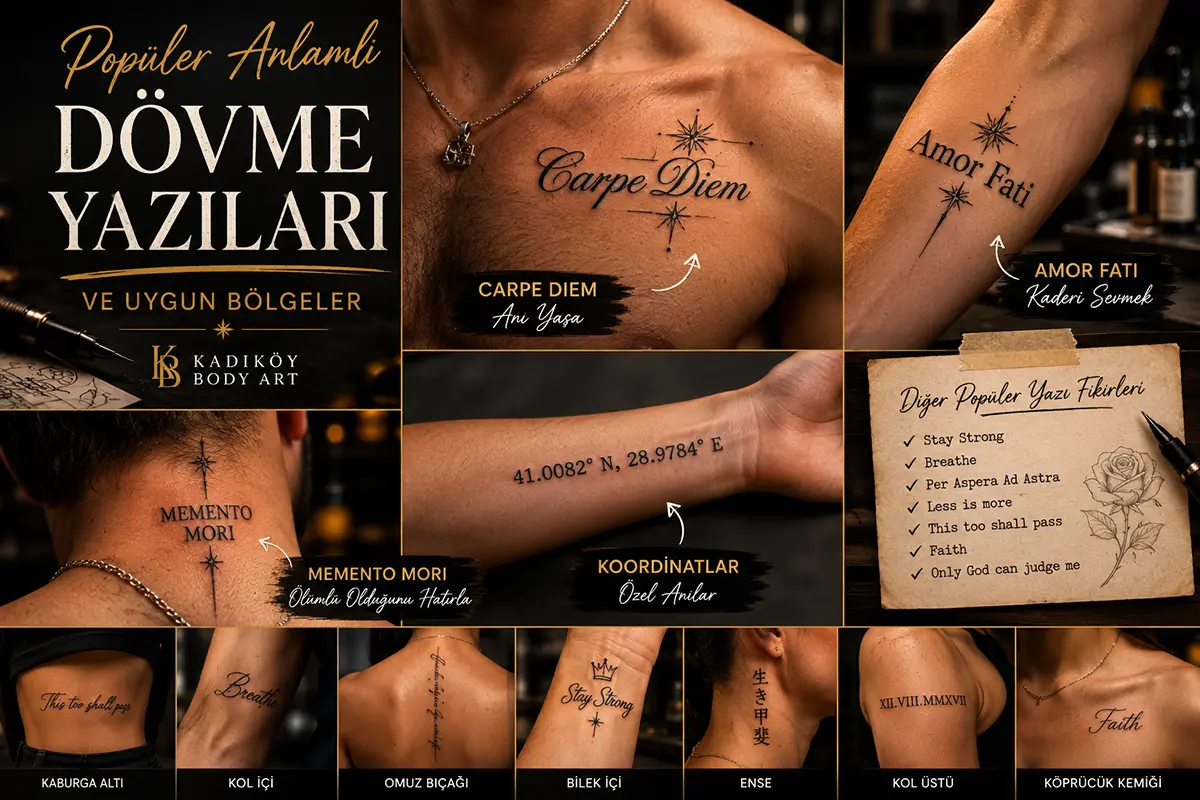 Carpe Diem, Amor Fati, Memento Mori ve koordinat gibi anlamlı dövme yazıları için uygun vücut bölgeleri