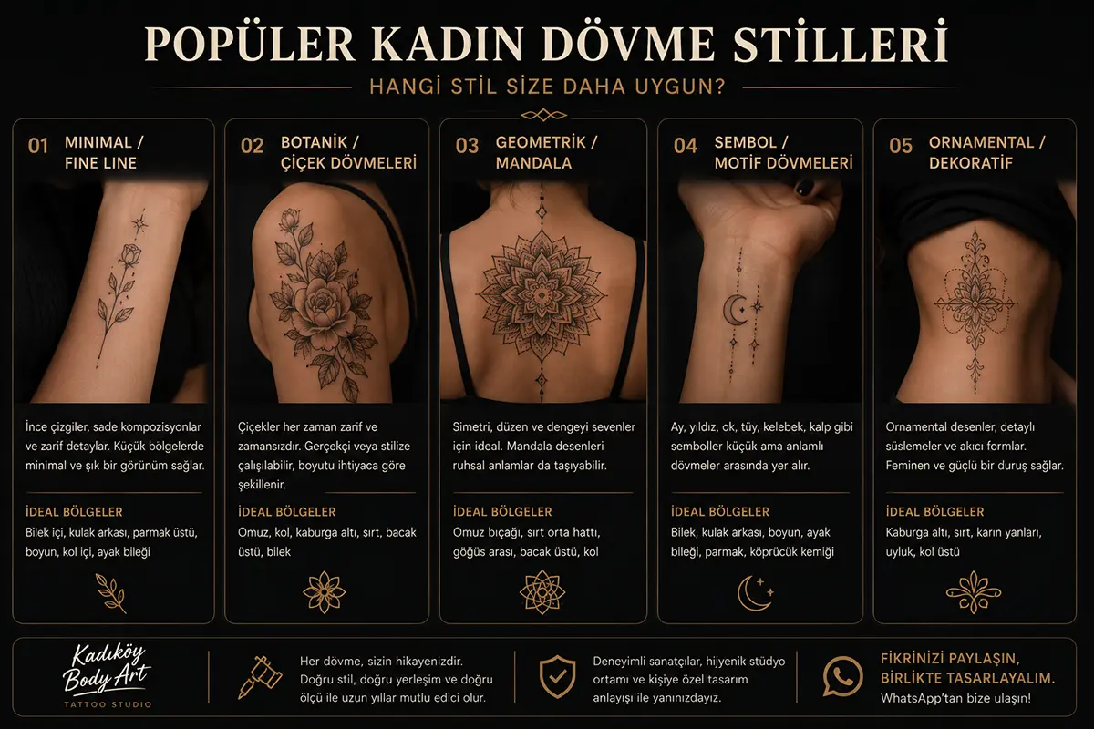 Minimal, fine line, botanik, mandala, sembol ve ornamental kadın dövme stillerini gösteren bilgilendirici görsel