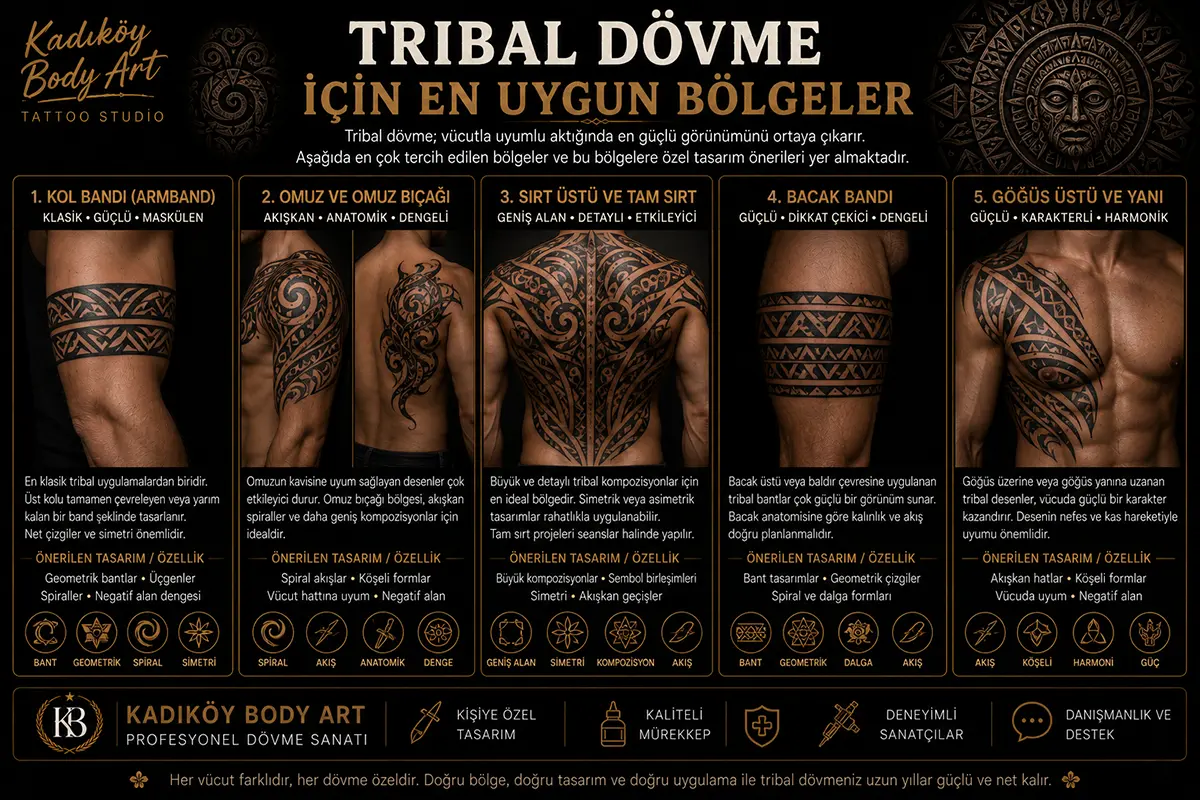 Kol bandı, omuz, omuz bıçağı, sırt, bacak bandı ve göğüs için tribal dövme yerleşim önerilerini gösteren görsel