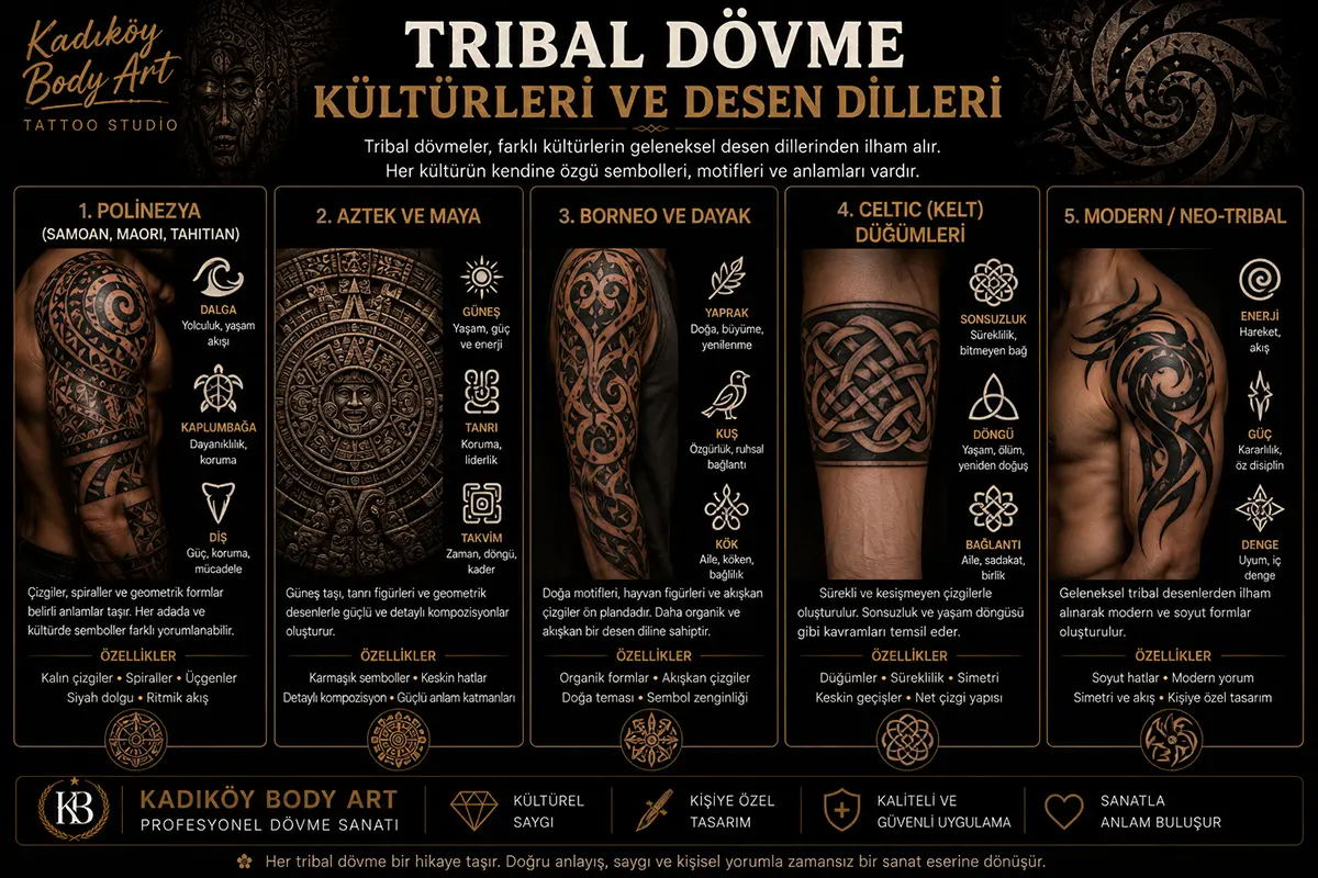 Polinezya, Aztek, Maya, Borneo, Dayak, Kelt ve modern neo-tribal dövme desen dillerini gösteren bilgilendirici görsel