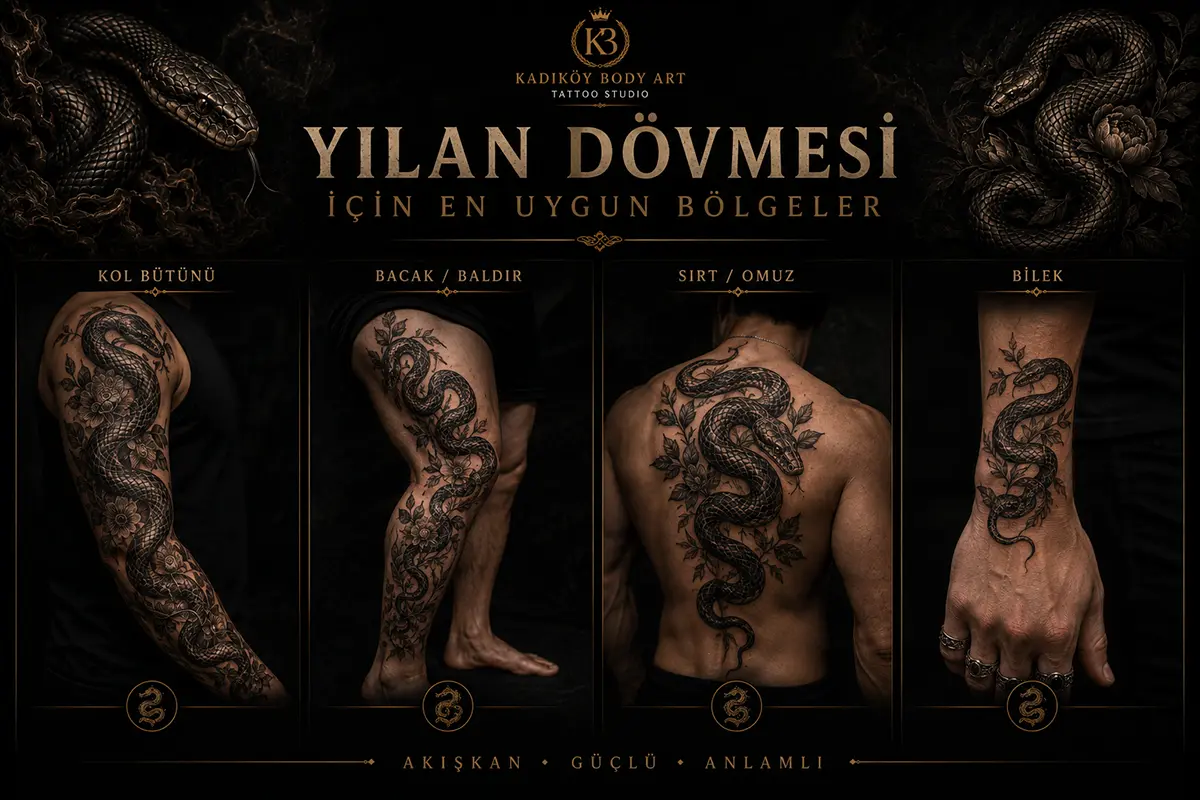 Kol bütünü, bacak ve baldır, sırt ve omuz ile bilek için yılan dövmesi yerleşim önerilerini gösteren dark editorial görsel