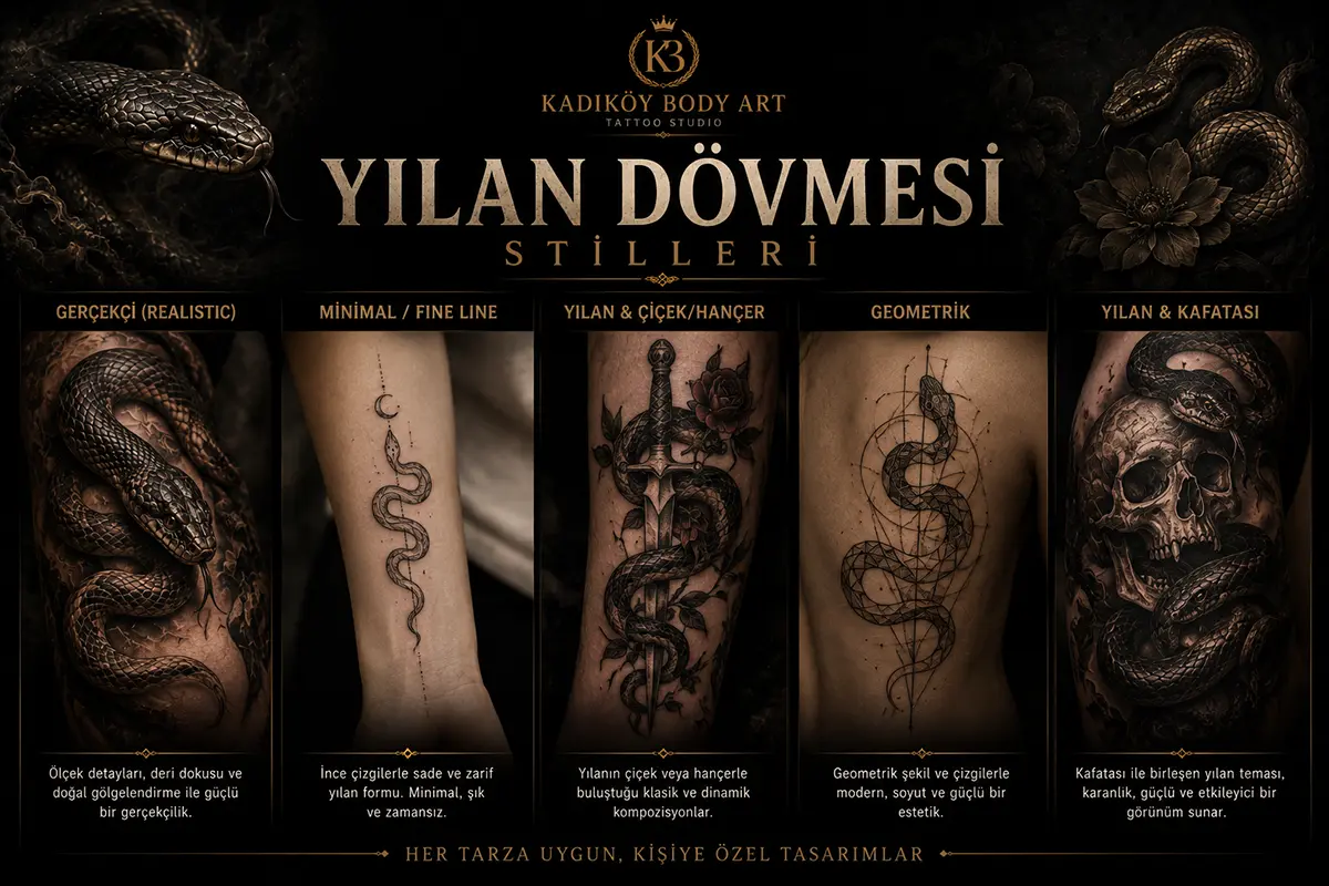 Gerçekçi yılan, minimal fine line yılan, yılan ve çiçek, geometrik yılan ile yılan ve kafatası dövme stillerini gösteren dark editorial görsel
