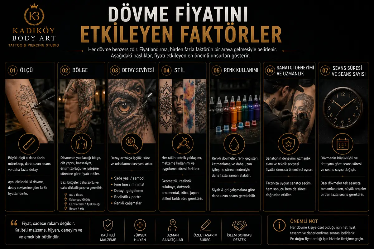 Dövme fiyatını etkileyen ölçü, bölge, detay seviyesi, stil, renk kullanımı, sanatçı deneyimi ve seans süresi faktörlerini gösteren bilgilendirici görsel