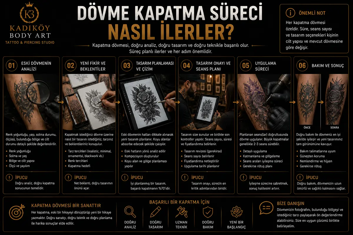 Dövme kapatma sürecinde eski dövme analizi, yeni fikir, tasarım planı, seans planı, uygulama ve bakım adımlarını gösteren rehber görsel