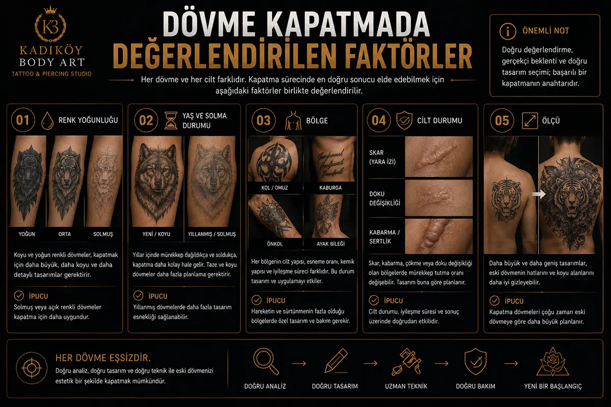 Dövme kapatmada renk yoğunluğu, yaş ve solma durumu, bölge, cilt durumu ve ölçü faktörlerini gösteren bilgilendirici görsel