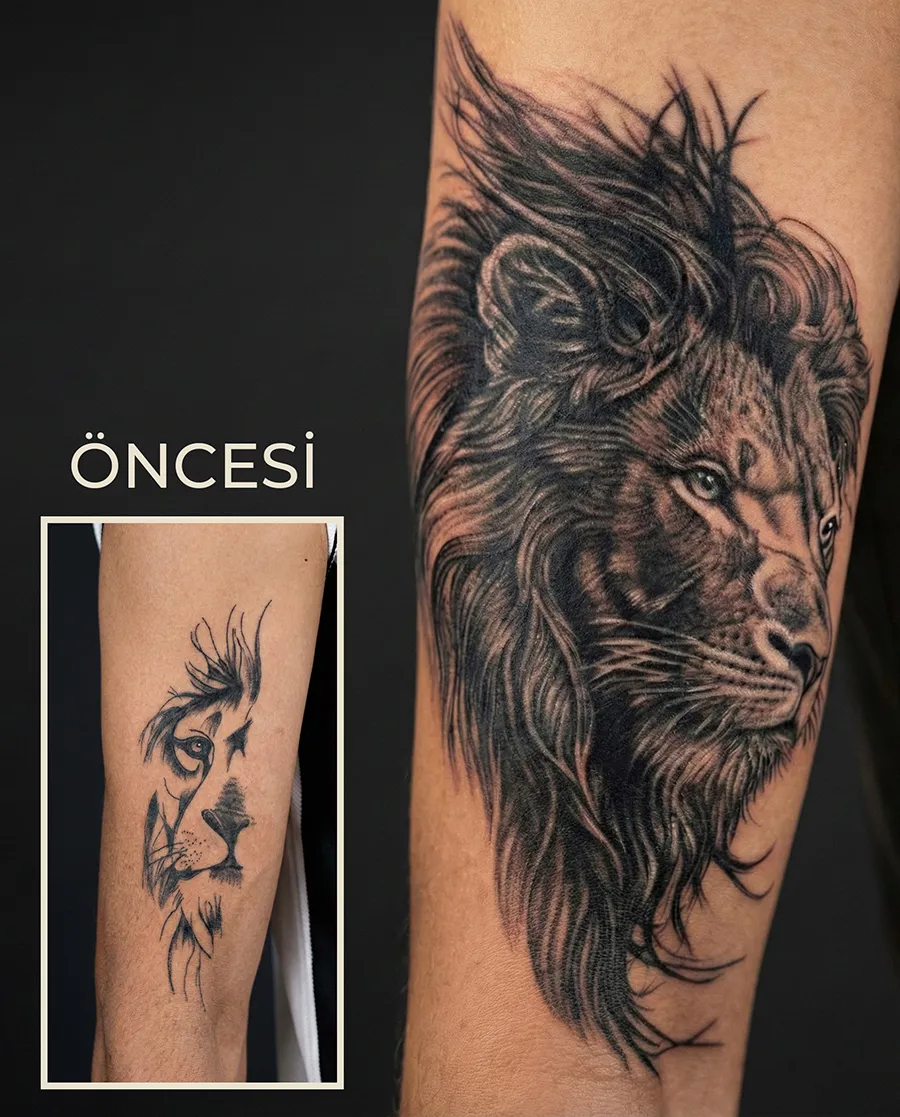Kadıköy Body Art dövme kapatma aslan rework çalışması, cover up tattoo örneği