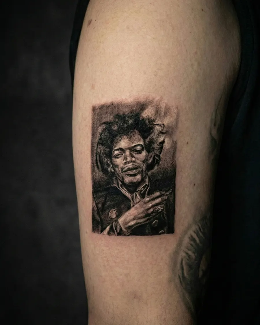 Kadıköy Body Art Jimi Hendrix portre dövmesi, realistik portre tattoo çalışması