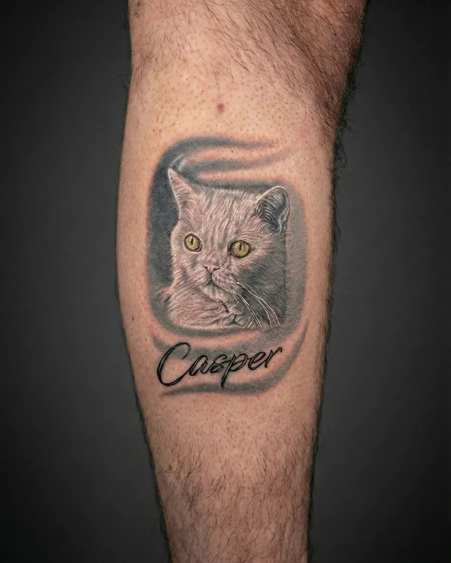 Kadıköy Body Art Casper isimli kedi portre dövmesi, pet portrait tattoo