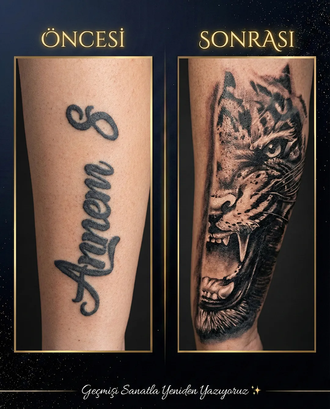 Yazı üzerine kaplan dövmesi cover up çalışması