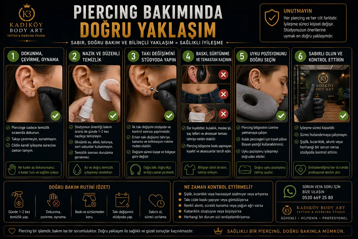 Piercing bakımında dokunmama, nazik temizlik, baskıdan kaçınma, takı değişimini stüdyoda yaptırma ve kontrol sürecini gösteren rehber görsel