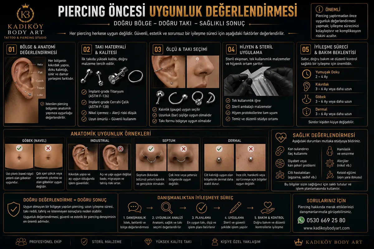 Piercing öncesi bölge anatomisi, takı materyali, ölçü seçimi, hijyen ve iyileşme süreci değerlendirmesini gösteren bilgilendirici görsel