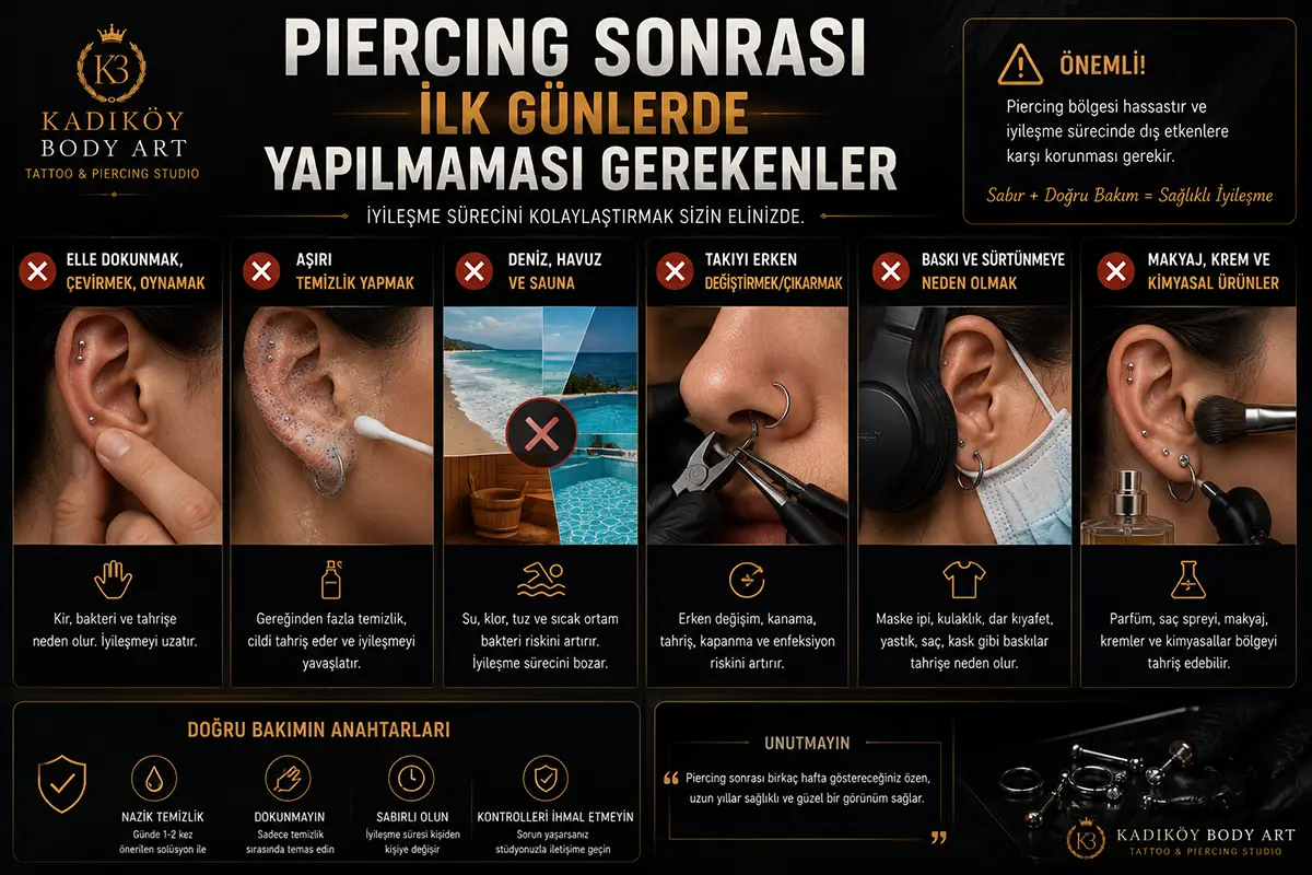 Piercing sonrası elle dokunma, takıyı çevirme, aşırı temizlik, deniz havuz sauna, erken takı değişimi ve baskı sürtünme gibi yapılmaması gerekenleri gösteren rehber görsel