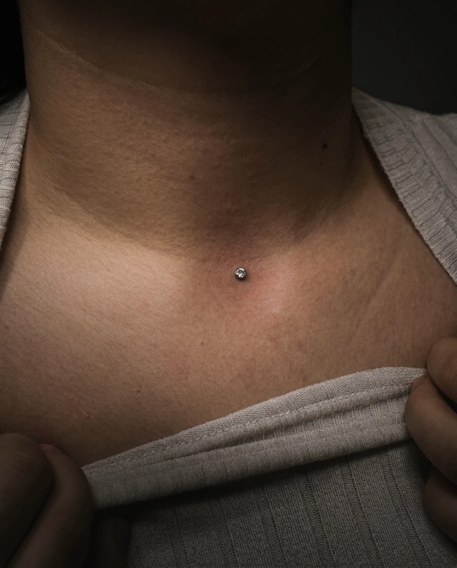 Göğüs bölgesinde dermal piercing uygulaması