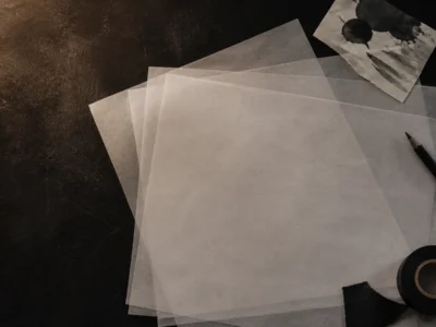 Koyu masada boş tracing paper, soyut mürekkep parçaları, bant ve kalem