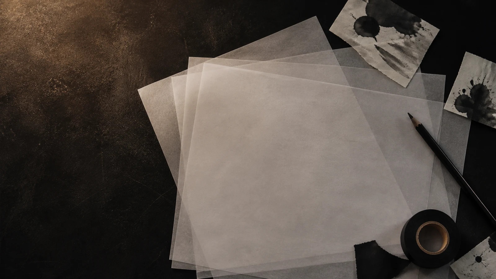 Koyu masada boş tracing paper, soyut mürekkep parçaları, bant ve kalem