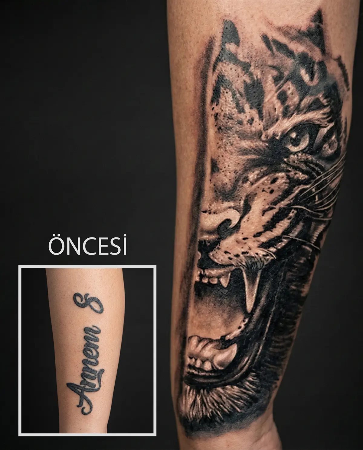 Yazı dövmesinin kaplan tasarımıyla kapatıldığı cover up çalışması