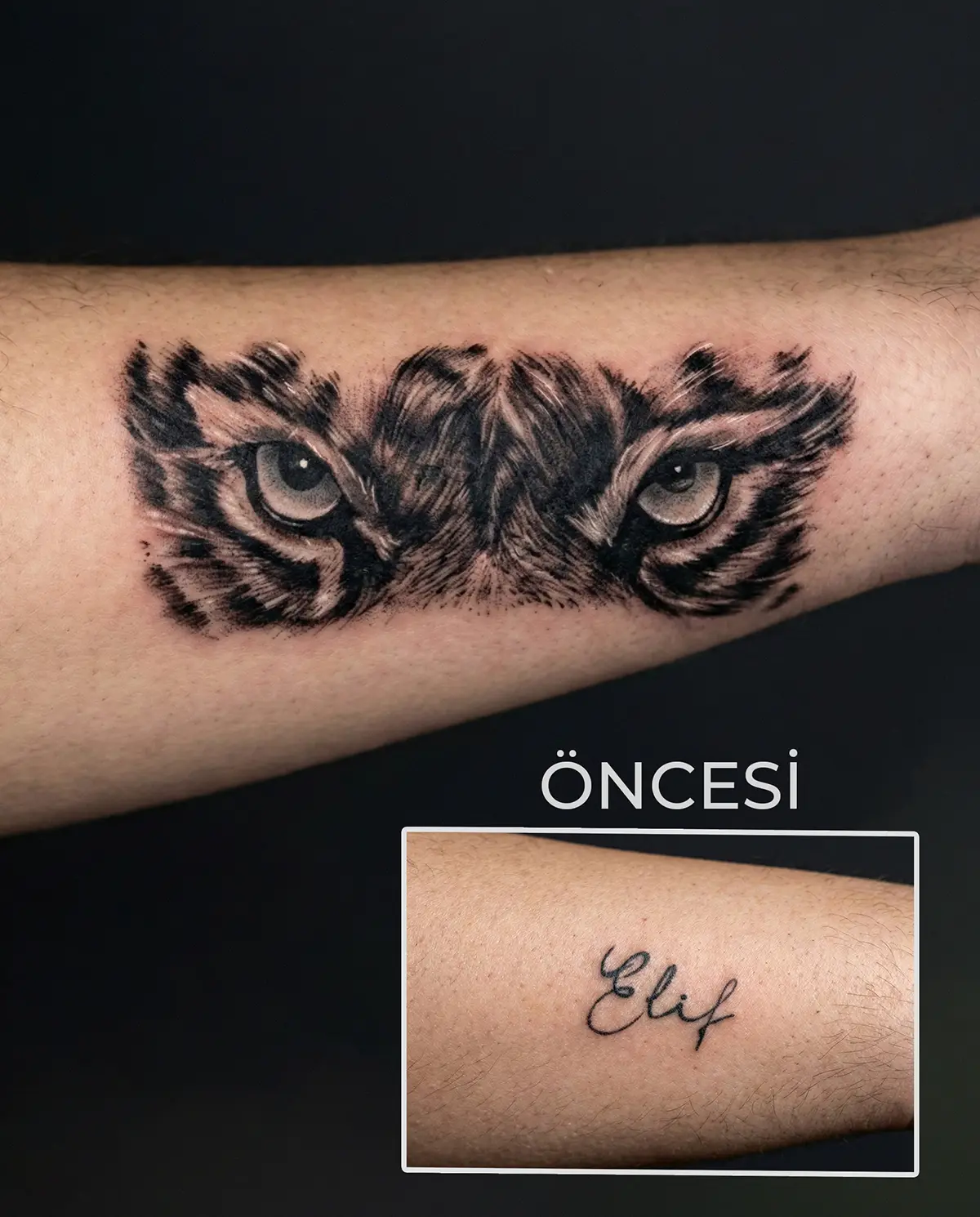 Kaplan gözleri tasarımıyla yapılmış cover-up dövme