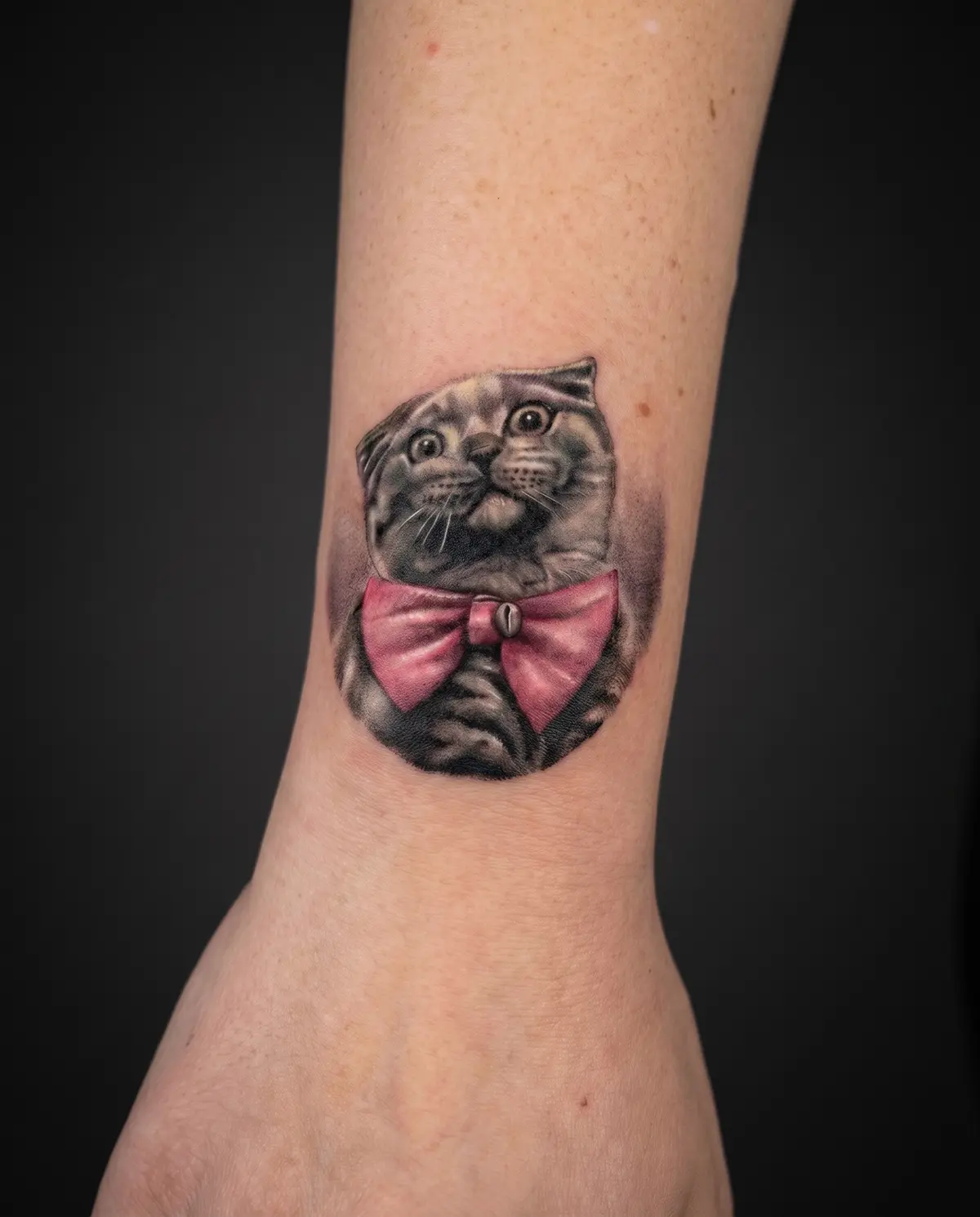 Pembe fiyonklu kedi karakteri dövmesi