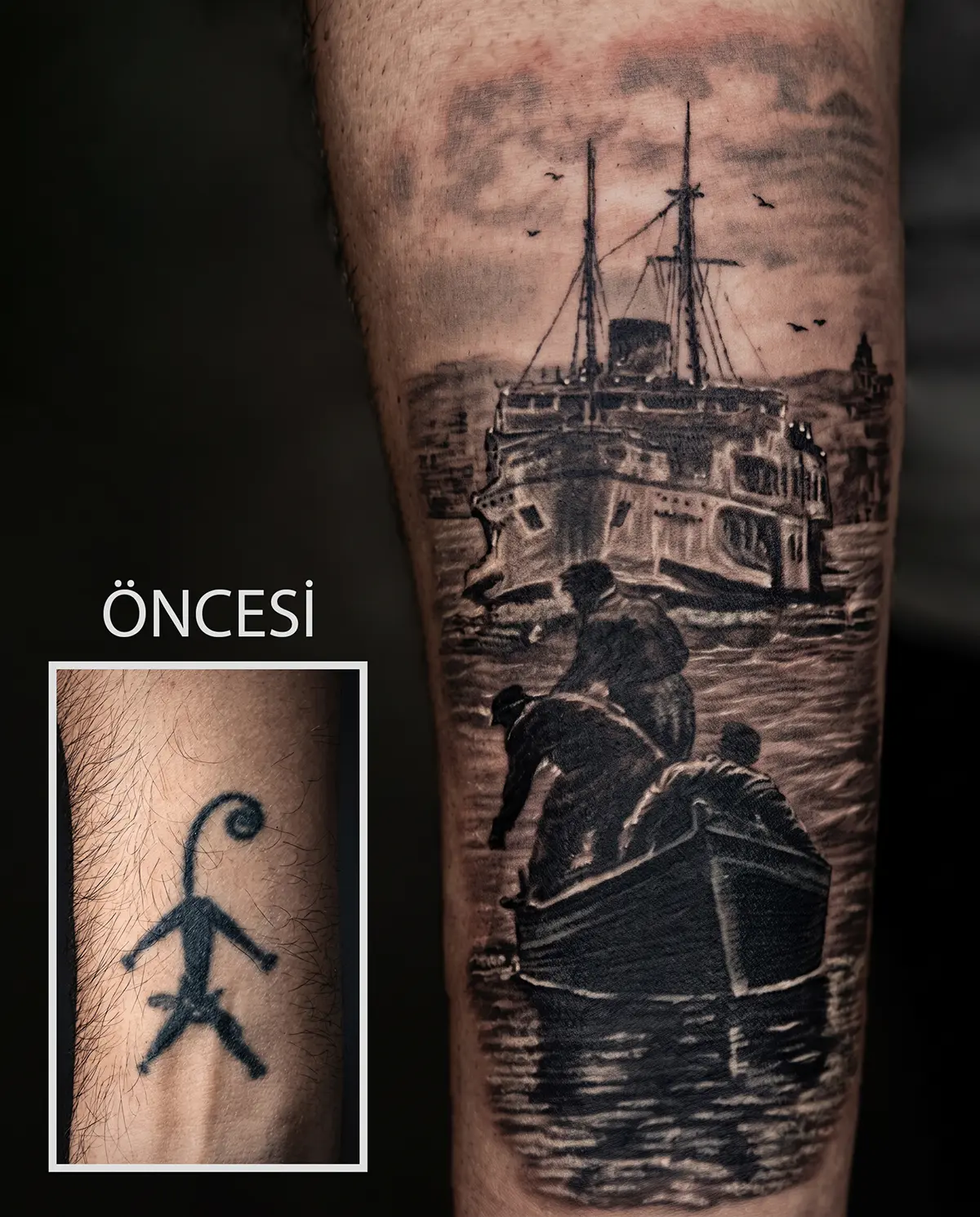 Eski dövmenin İstanbul ve kayık temalı kompozisyonla kapatıldığı cover up çalışması